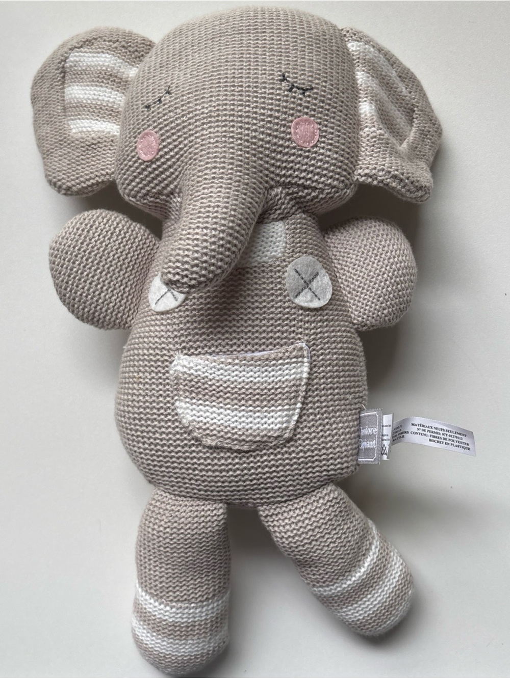 Plush Knit Elephant Toy - Beige with Pink Accents